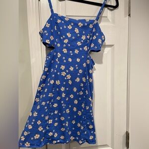Zara Size S Blue Floral Linen Cut Out Thin Strap Zip Up Mini Dress Subdress